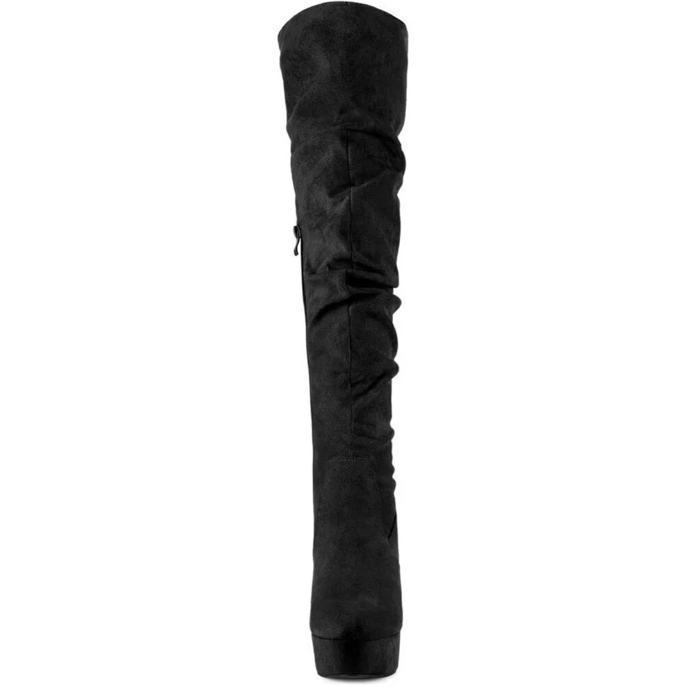Women Black Platform Round Toe Zipper Slouch Heel Over the Knee Thigh High Boot